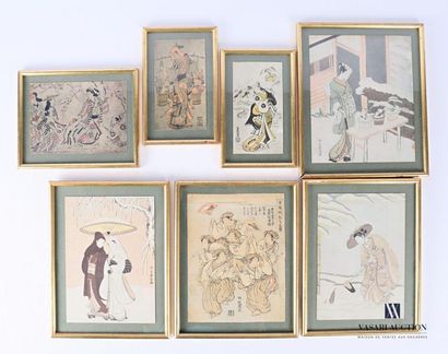 Lot de sept reproductions d'estampes japonaises...