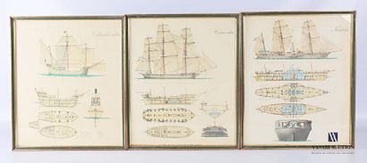 null Lot de neuf reproductions encadrées représentant des navires célébres : Columba...