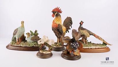 null Set of five polychrome-treated resin subjects including a heather cockerel (Height:...