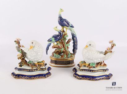 null Porcelain lot including two subjects representing birds connected to prunus...