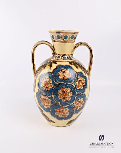 null Two-handled enamelled terracotta vase of ovoid shape with two handles decorated...