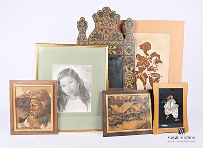 null Set of five framed pieces including a gouache under glass depicting a woman...