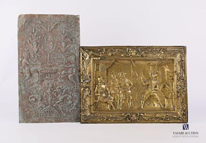 null Gilded and embossed brass plaque depicting a medieval street scene, the border...