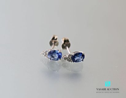 null Pair of 750 thousandth white gold earrings adorned with two sapphires surmounted...