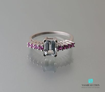 null Silver ring set with an emerald cut topaz with two lines of fine stones.
Gross...