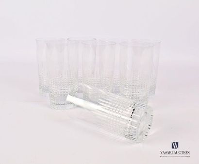 null BACCARAT 
Suite of eight orangeade crystal glasses with checkerboard and sting...