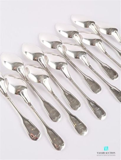 null Suite of twelve silver mocha spoons, the handle decorated with fillets.
Weight:...