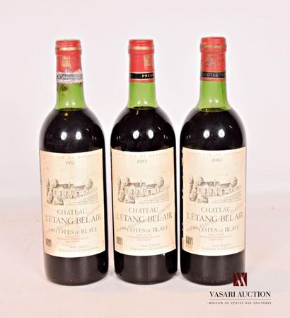 null 3 bouteilles	Château L'ÉTANG BEL AIR	1ères Cötes de Blaye	1981
	Et. tachées....