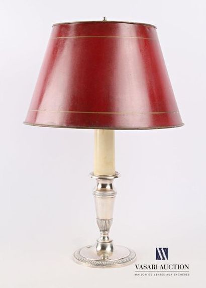 null Lamp base in silvery metal, the baluster shaft surmounted by a false candle...