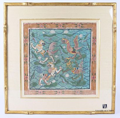 null Tanka with gouache decoration of feather dragons in a lake landscape decorated...
