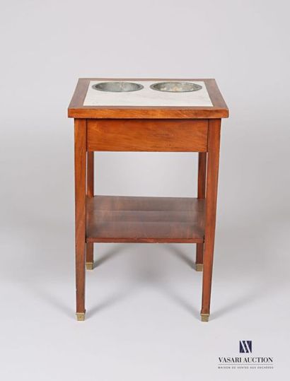 null Mahogany and mahogany veneer cooler, the dark square top of a veined white marble...