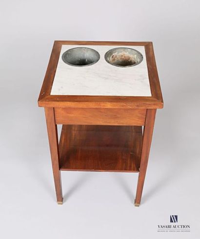 null Mahogany and mahogany veneer cooler, the dark square top of a veined white marble...