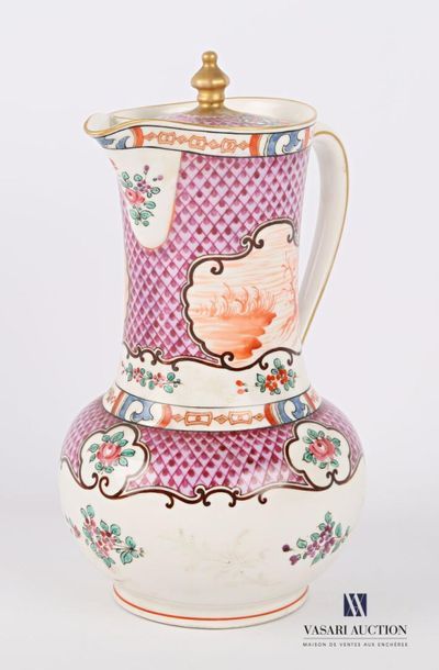 null SANSON 
Covered white porcelain jug with polychrome decoration on a background...