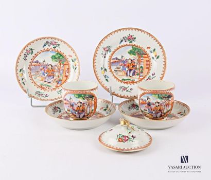 null CHINA 
White porcelain set with polychrome decoration of a palace scene including...