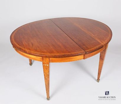 null Table in natural wood, veneer wood, the oval-shaped top decorated with fillets...