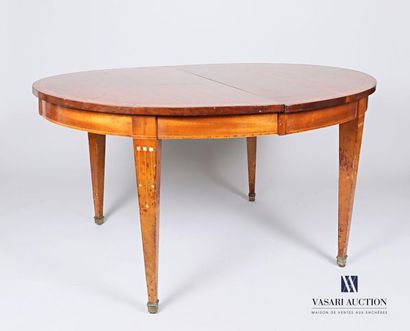 null Table in natural wood, veneer wood, the oval-shaped top decorated with fillets...