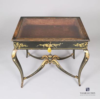 null Table showcase in moulded natural wood and black lacquered with gold decorations...