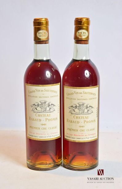 null 2 bouteilles	Château RABAUD PROMIS	Sauternes 1er CC	1961
	Et.: 1 à peine tachée,...