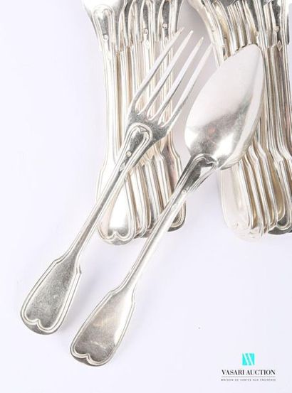 null Set of six silver cutlery and two silver table spoons, the handle decorated...