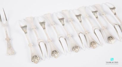 null A suite of twelve silver plated metal salad forks, the conical shaped handle...