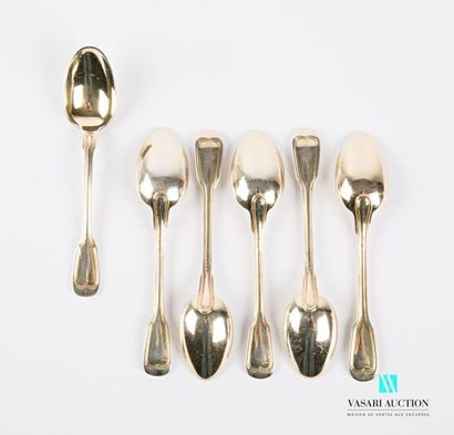 null A suite of six teaspoons in gilded metal, the handle decorated with fillets...