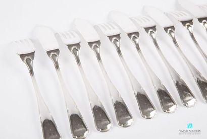 null Suite of six silver plated metal fish cutlery, the violin and tri-lobed handle...