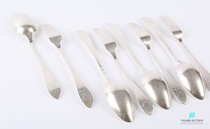 null A suite of four 800-thousandths silver cutlery sets (1798-1809), the plain ogival-shaped...