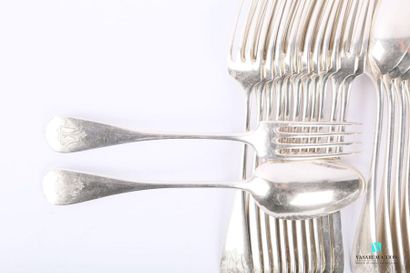 null A suite of twelve flat silver flatware with the handle decorated with the number...