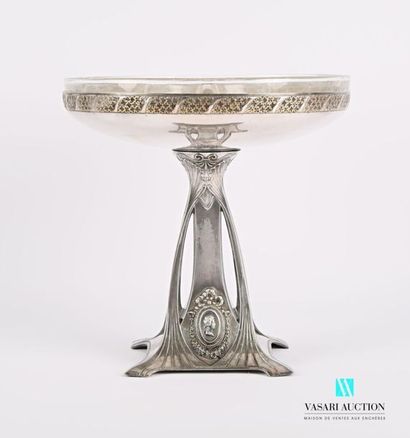 null Condiment bowl in silvery metal, the base decorated with sinuous vegetal stems...