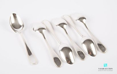 null Suite of six teaspoons in silver plated metal, the handle hemmed with a frieze...