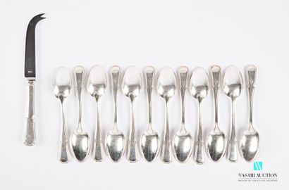 null A suite of twelve teaspoons and a cheese knife in silvery metal, the handle...