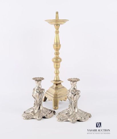 null Pair of silver plated ruler end tables set on a scrolled base decorated with...