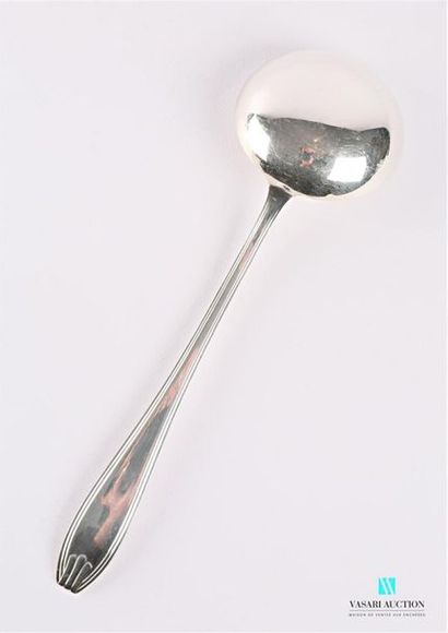 null Silver plated metal ladle, the handle decorated with threads ending with three...