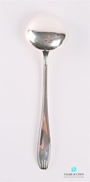 null Silver plated metal ladle, the handle decorated with threads ending with three...