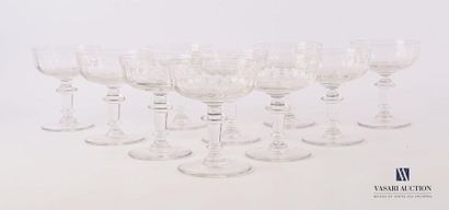 null Continuation of ten glass champagne glasses, the goblet with cut sides, the...