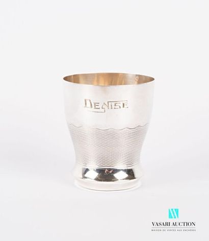 null Silver truncated cone shaped timbale resting on a recessed boat, the belly decorated...