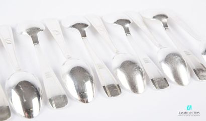 null Suite of eleven teaspoons in silver plated metal, the handle decorated with...