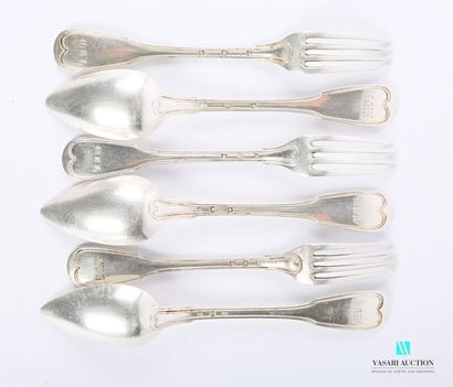 null Suite of three 800 thousandths silver table cutlery, the handle hemmed with...