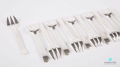 null Suite of eleven silver plated metal oyster forks, the handle decorated with...