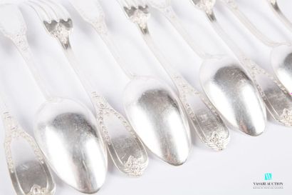 null A suite of five pieces of cutlery and a silver-plated metal table fork, the...