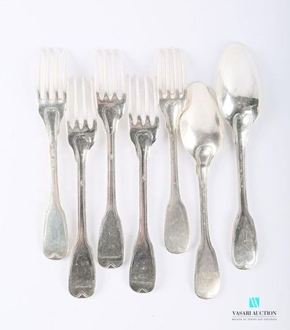null Set of five forks and two table spoons in silver, the handle decorated with...