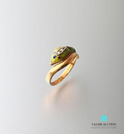 null Snake ring in 750 thousandths yellow gold, the head enamelled green, blue and...