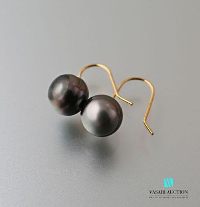 null Pair of yellow gold earrings 375 thousandths adorned with a Tahitian pearl 
Gross...