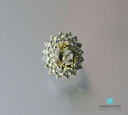 null Silver ring set with an oval-cut lemon quartz in a double surround of green...