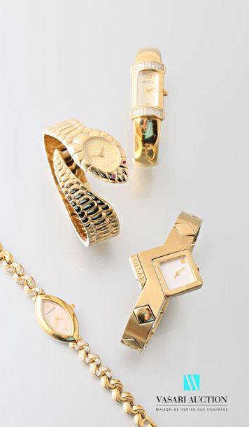 null Four gold-plated ladies' wristwatches, quartz movements: 
- Pulsar, diamond-shaped...
