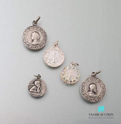 null Four round silver religious medals: profile of the Virgin, profile of Christ,...