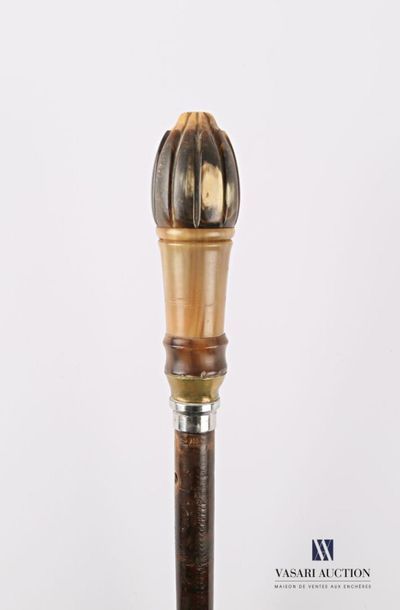 Natural wood cane, the horn pommel carved...