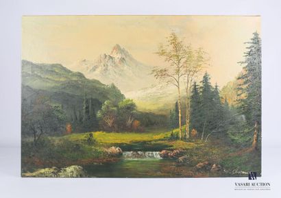 null CHAPMAN W. (XXème siècle)
Rivière dans un paysage montagneux.
Huile sur toile
Signée...