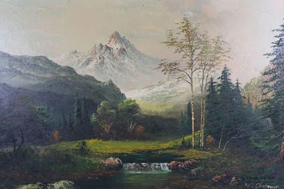  CHAPMAN W. (20th century) River in a mountainous landscape. Oil on canvas Signed...
