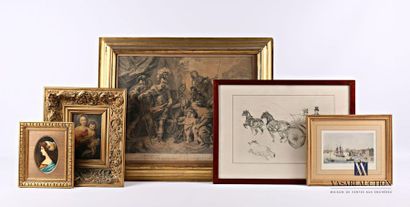 null Set of framed pieces including 
- an engraving representing Coriolan (freckles,...